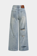 Denim Asymmetrical Ripped High Waist Straight Leg Jeans