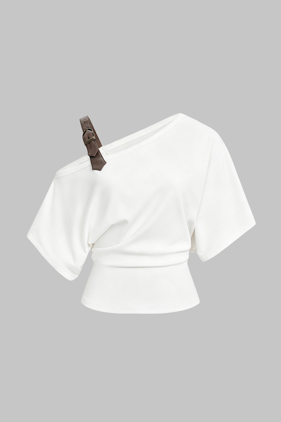 Asymmetrical Faux Leather Buckle One Shoulder Short Sleeve Top