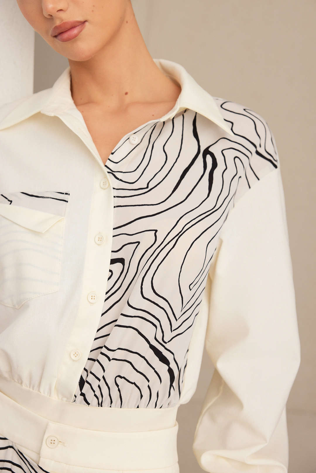 Abstract Print Patchwork Button Pocket Long Sleeve Bodysuit