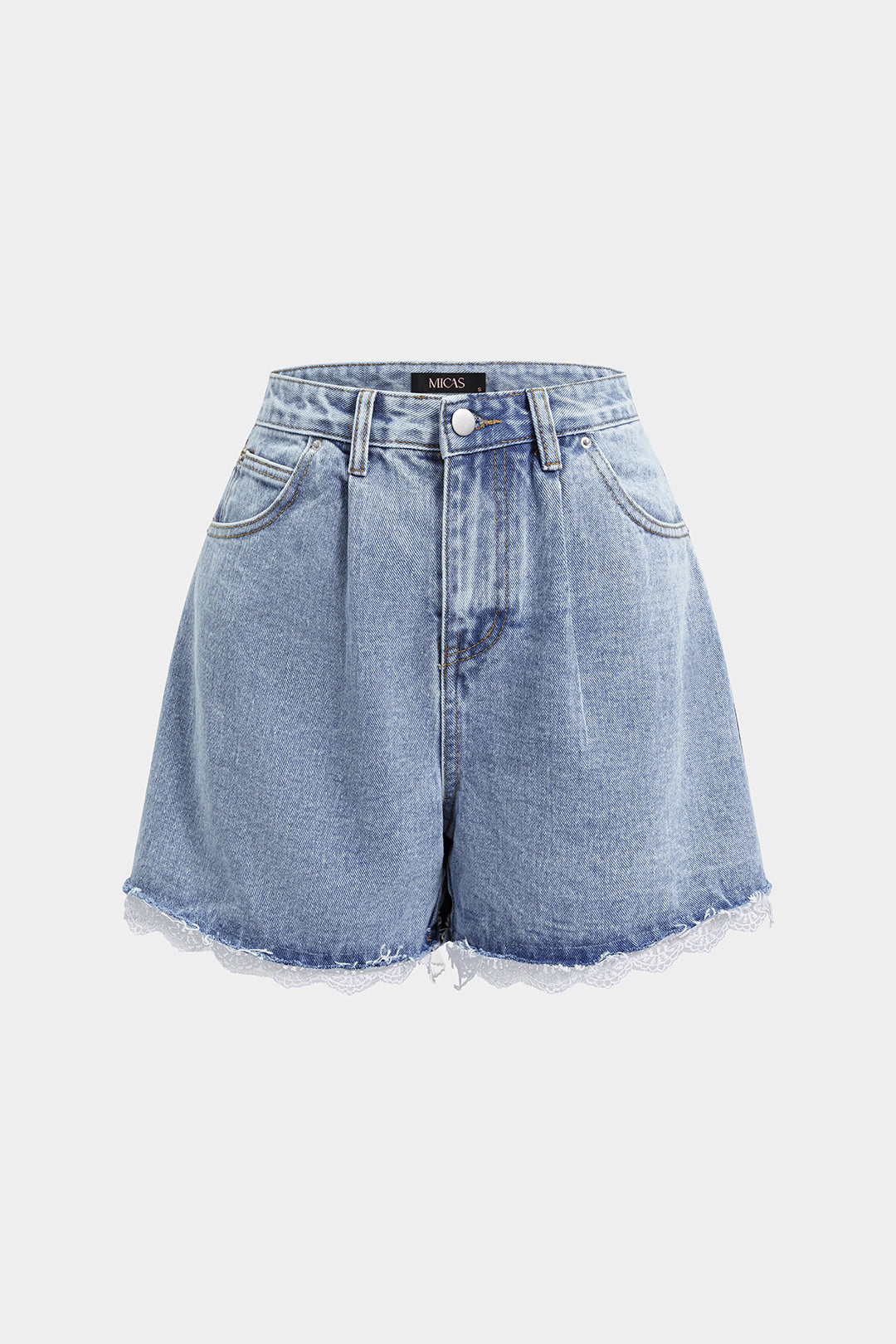 Denim Patchwork Lace Trim High Waist Wide Leg Shorts