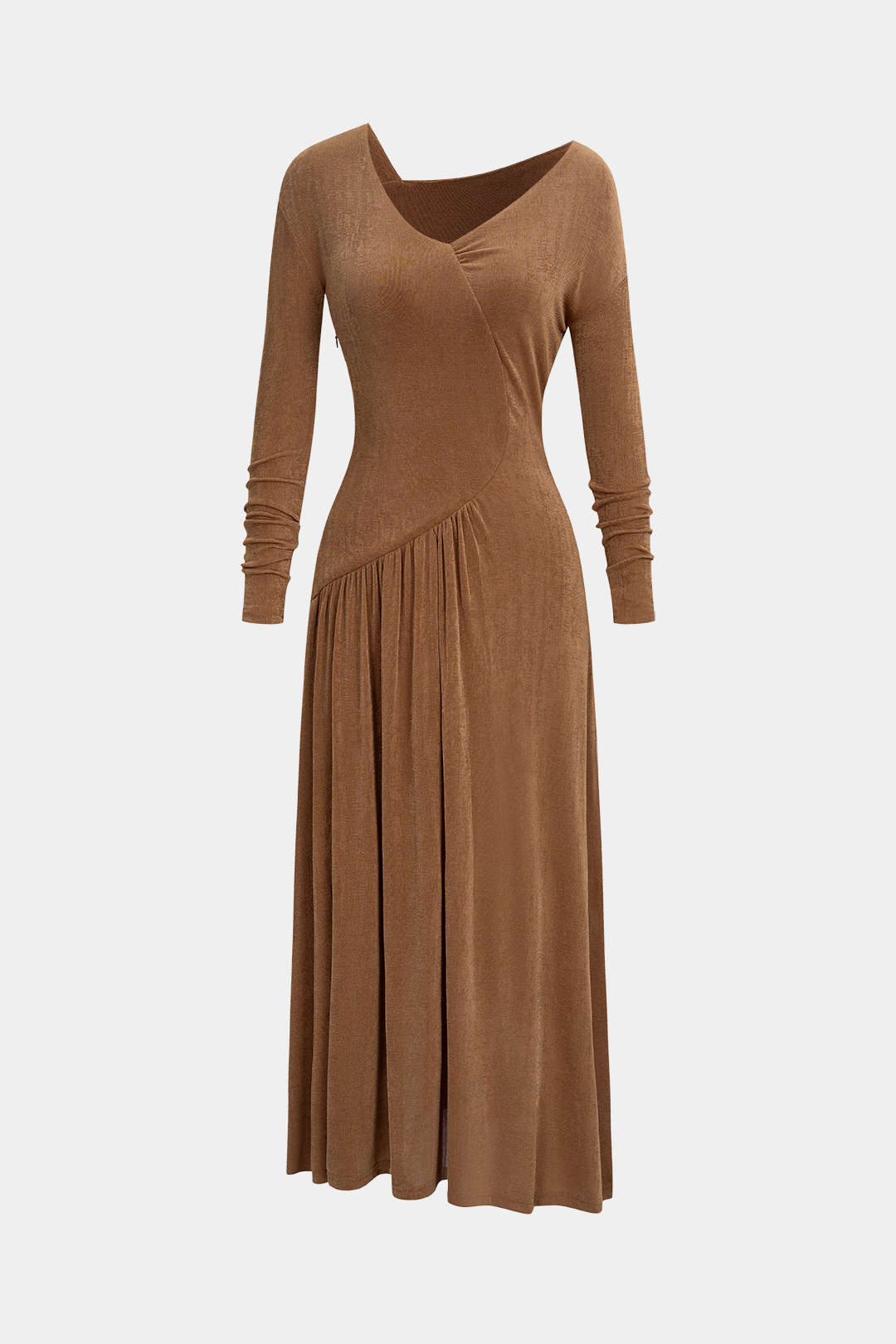 Asymmetrical Neck Long Sleeve Midi Dress