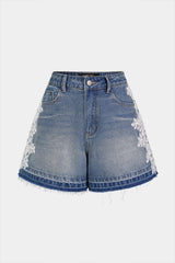 Denim Lace Trim Embroidery Shorts