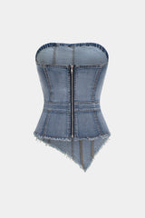 Denim Frayed Asymmetrical Tube Top