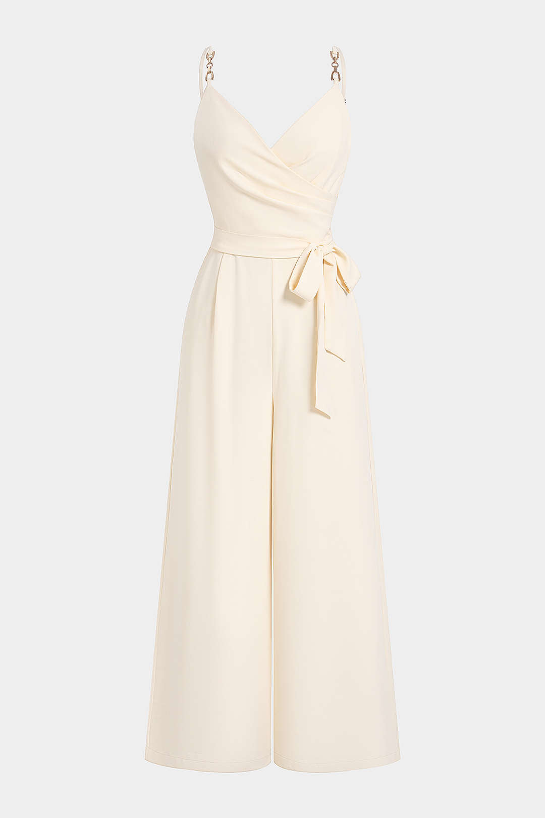 Crossed V-Neck Tie Front Metallic Chain Sleeveless Jumpsuit