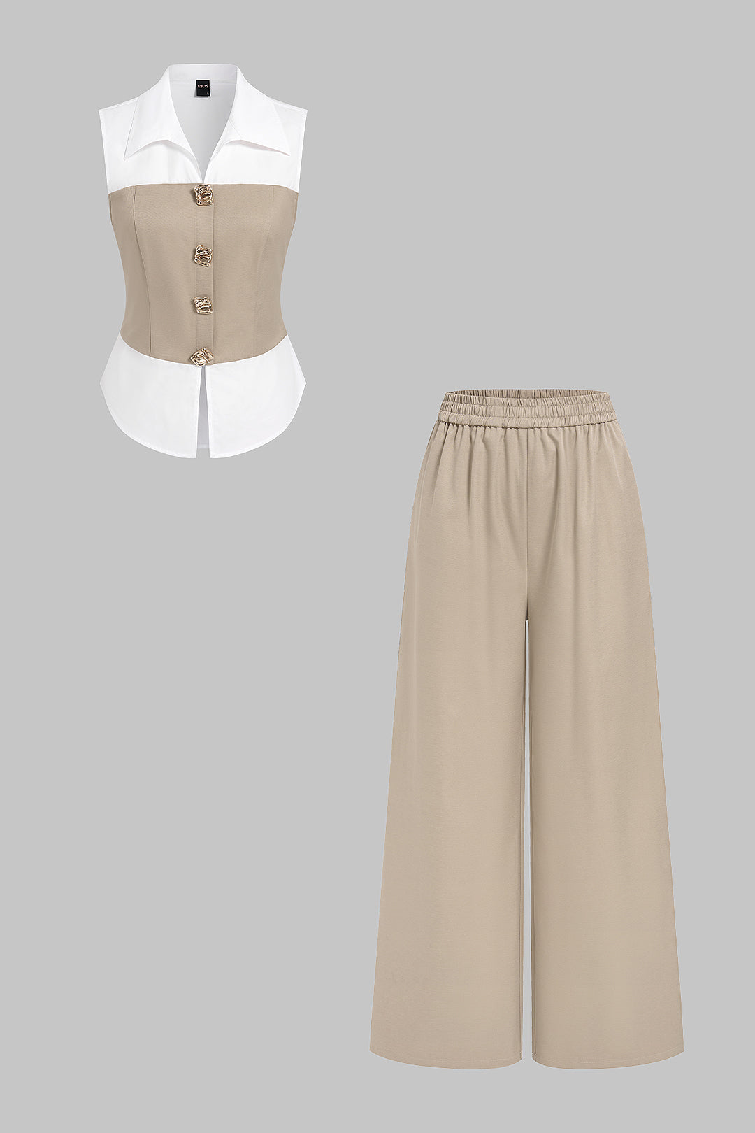 Contrast Metallic Button Vest And Wide Leg Pants Set