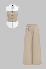 Contrast Metallic Button Vest And Wide Leg Pants Set
