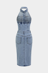 Denim Button Halter Neck Backless Sleeveless Midi Dress