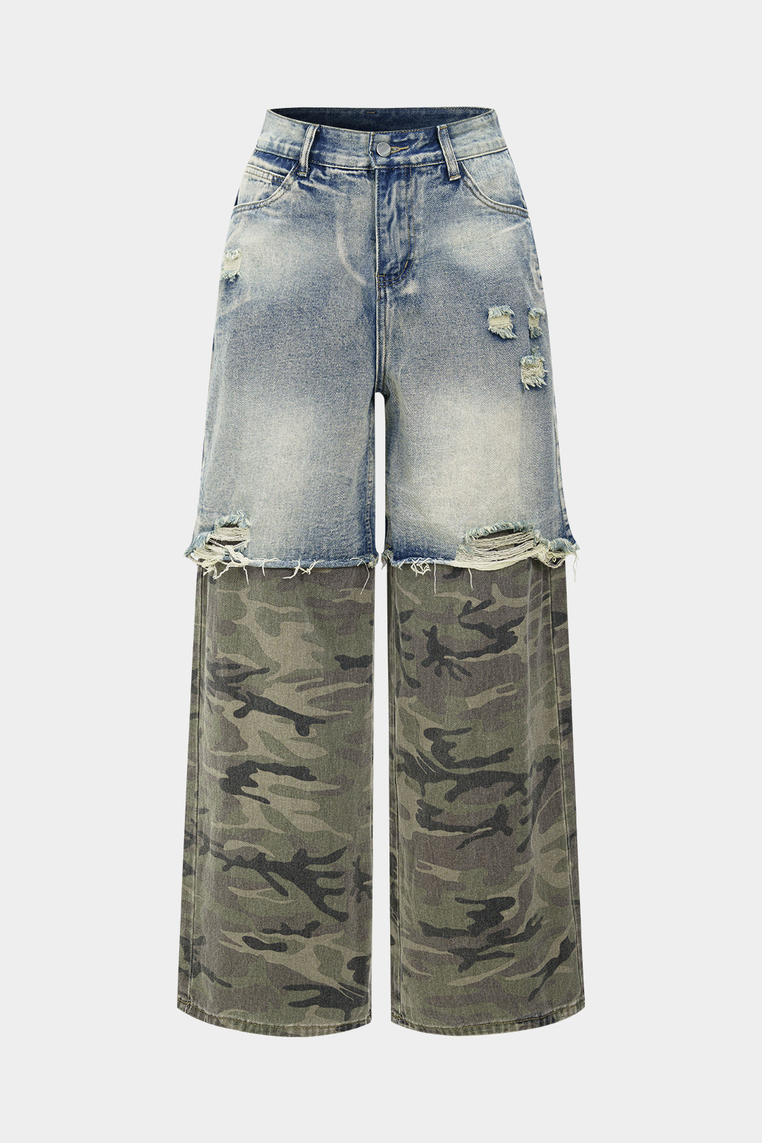 Camo Print Denim Patchwork Button Pocket Jeans
