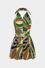 Abstract Contrast Print Button Halter Neck Ruched Belted Sleeveless Romper