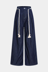 Denim Tie Front Ruched Straight Leg Jeans