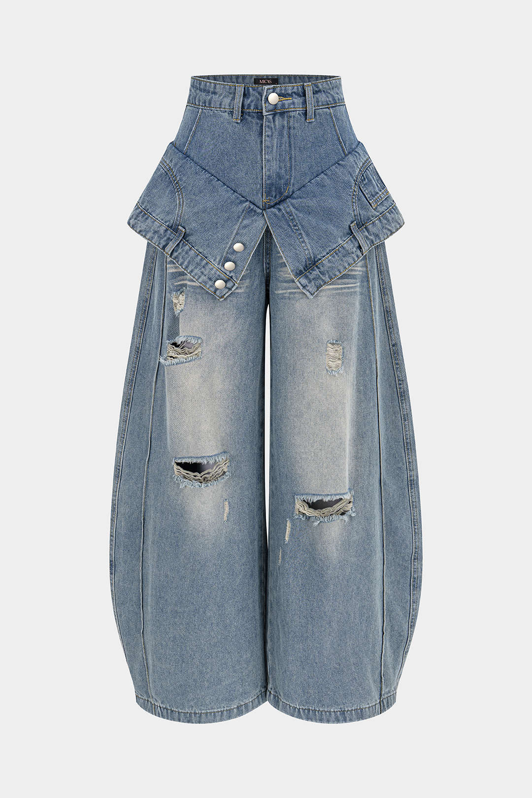 Denim Double Waistband Asymmetrical Ripped Wide Leg Jeans