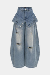Denim Double Waistband Asymmetrical Ripped Wide Leg Jeans