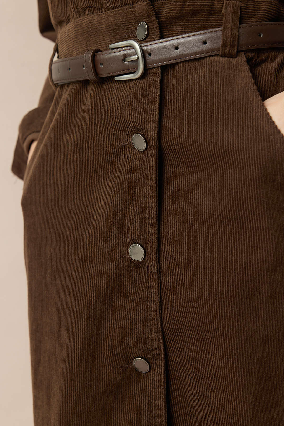 Corduroy Notched Lapel Button Pocket Belted Long Sleeve Midi Dress