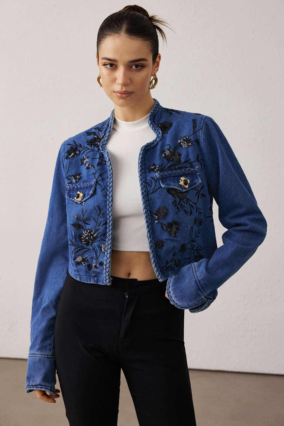 Denim Patchwork Sequin Embroidery Jacket