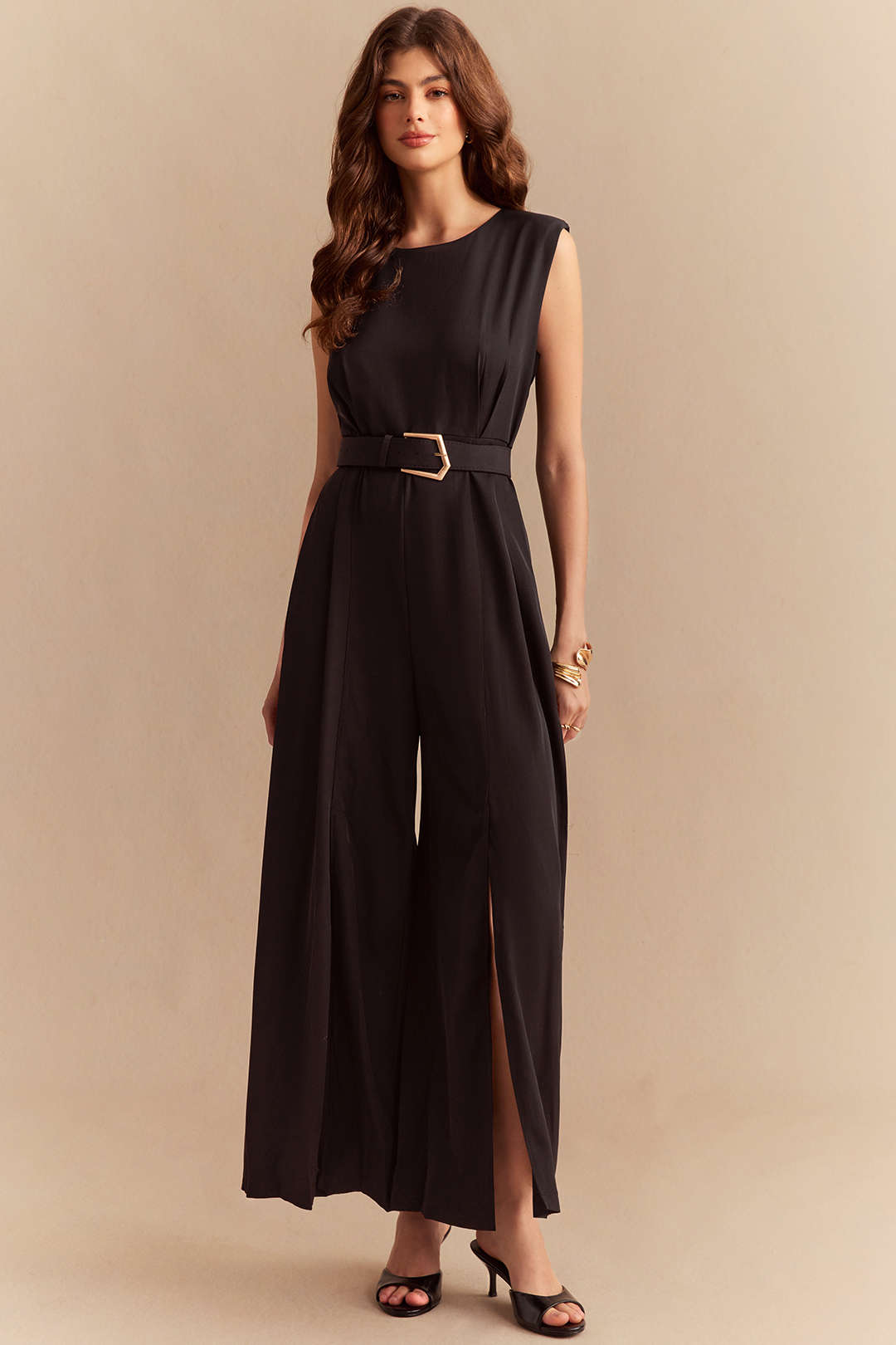 Chiffon Round Neck Belted Sleeveless Wide Leg Jumpsuit