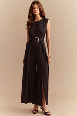 Chiffon Round Neck Belted Sleeveless Wide Leg Jumpsuit