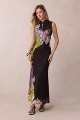 Contrast Floral Print Mesh Patchwork Sleeveless Midi Dress