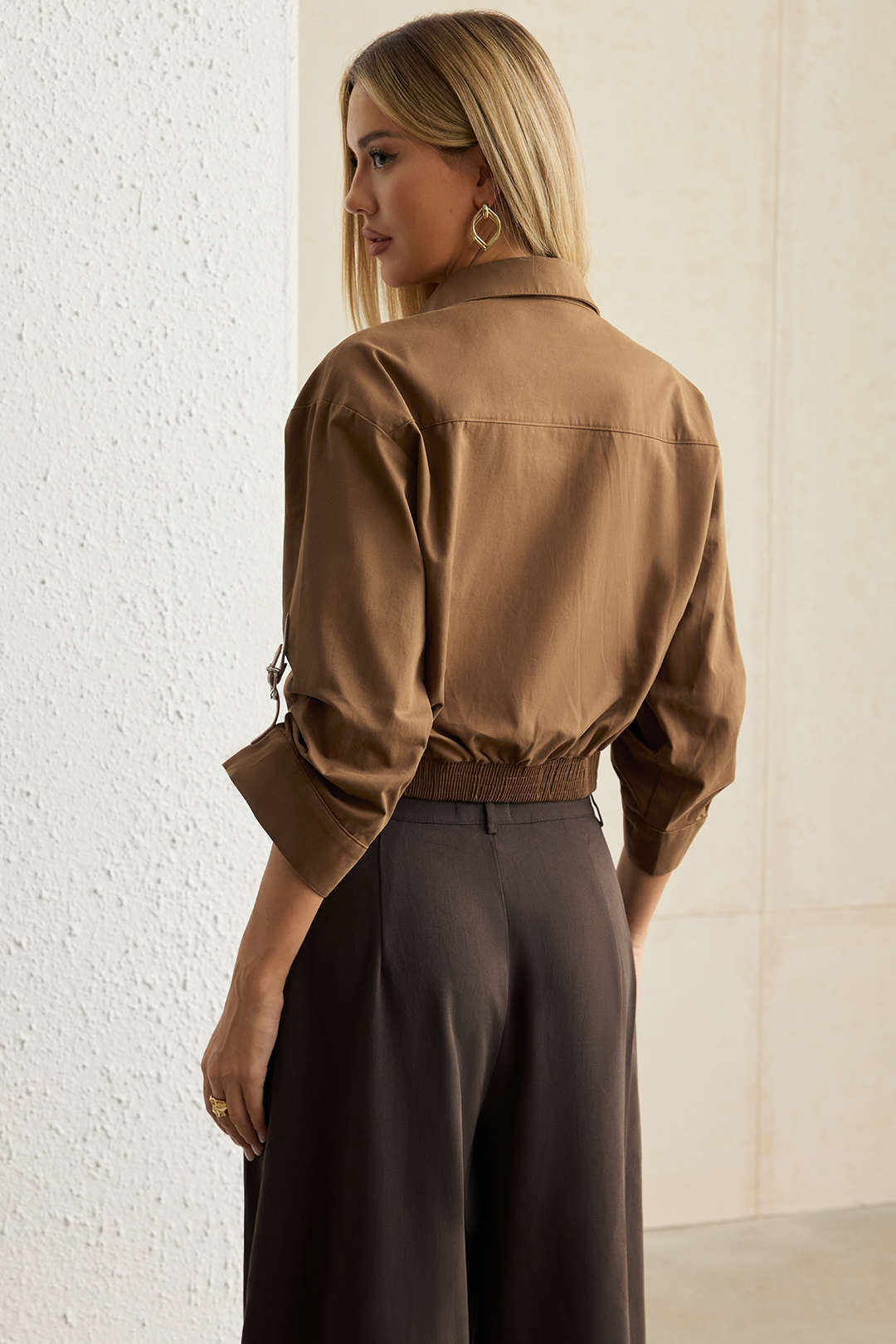 Button Ruched Short-Sleeve Shirt