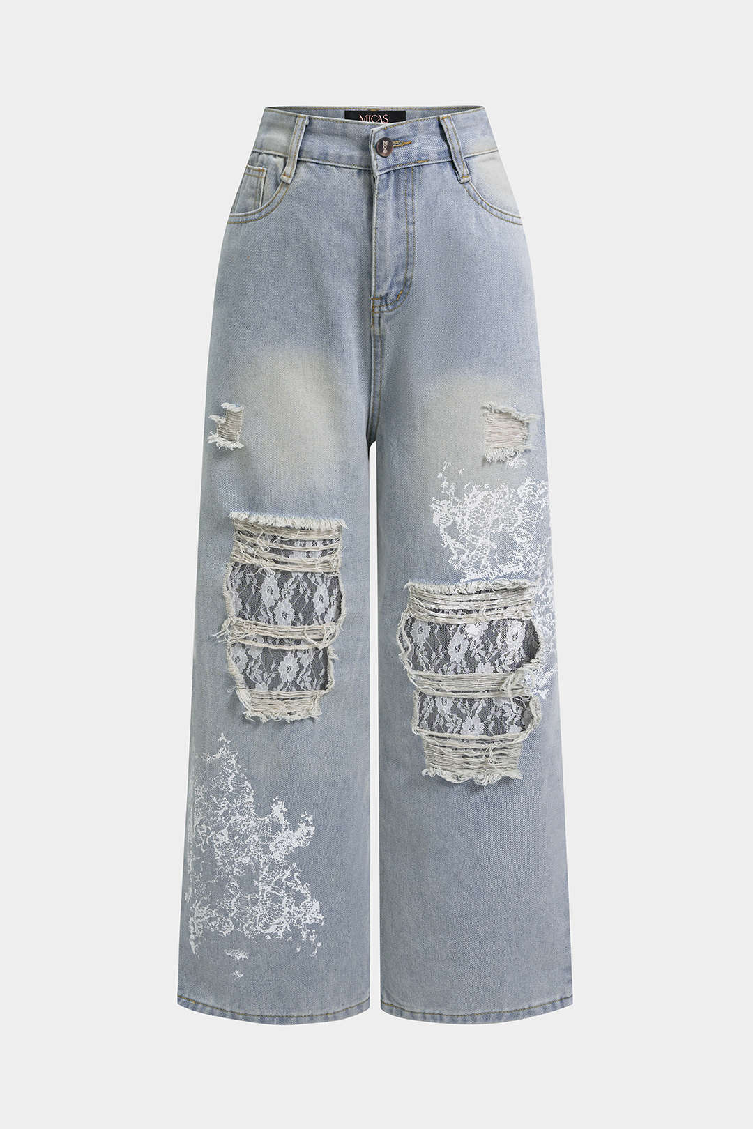 Denim Patchwork Lace Ripped High Waist Wide Leg Jeans