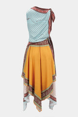 Contrast Polka Dots Print Tie-Up Asymmetrical Sleeveless Midi Dress