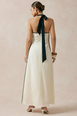 Contrast Trim Linen Halter Neck Tie Back Metallic Sleeveless  Maxi Dress