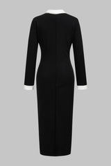 Contrast Trim V-Neck Button Long Sleeve Maxi Dress