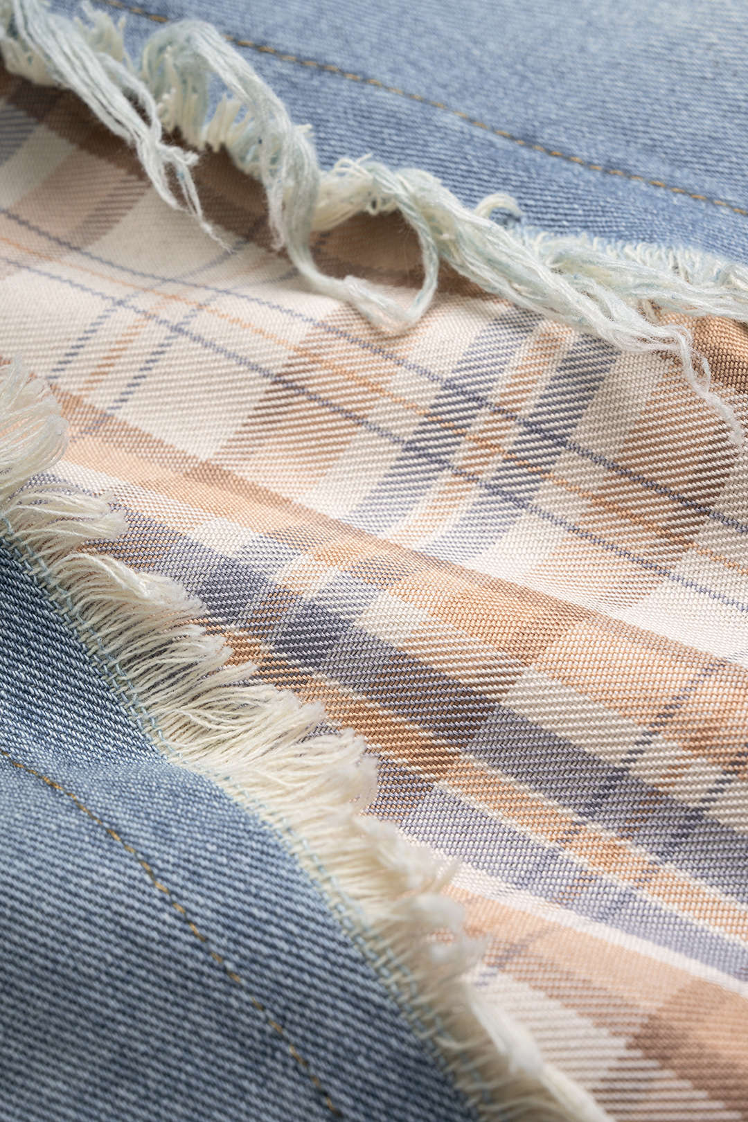 Denim Patchwork Plaid Print Ripped Asymmetrical Skirt