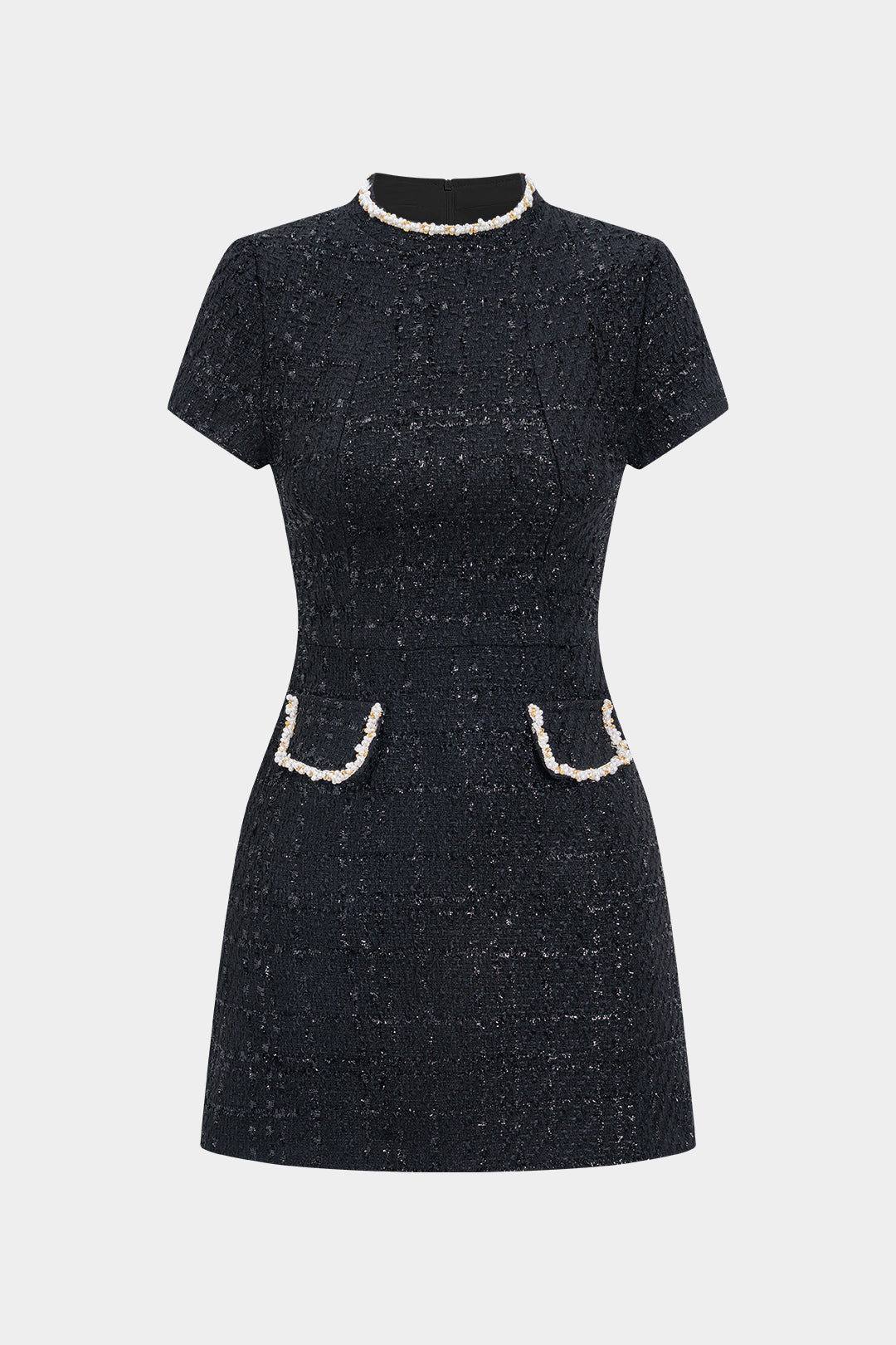 Bead Fake Pocket Zippper Short Sleeve Mini Dress