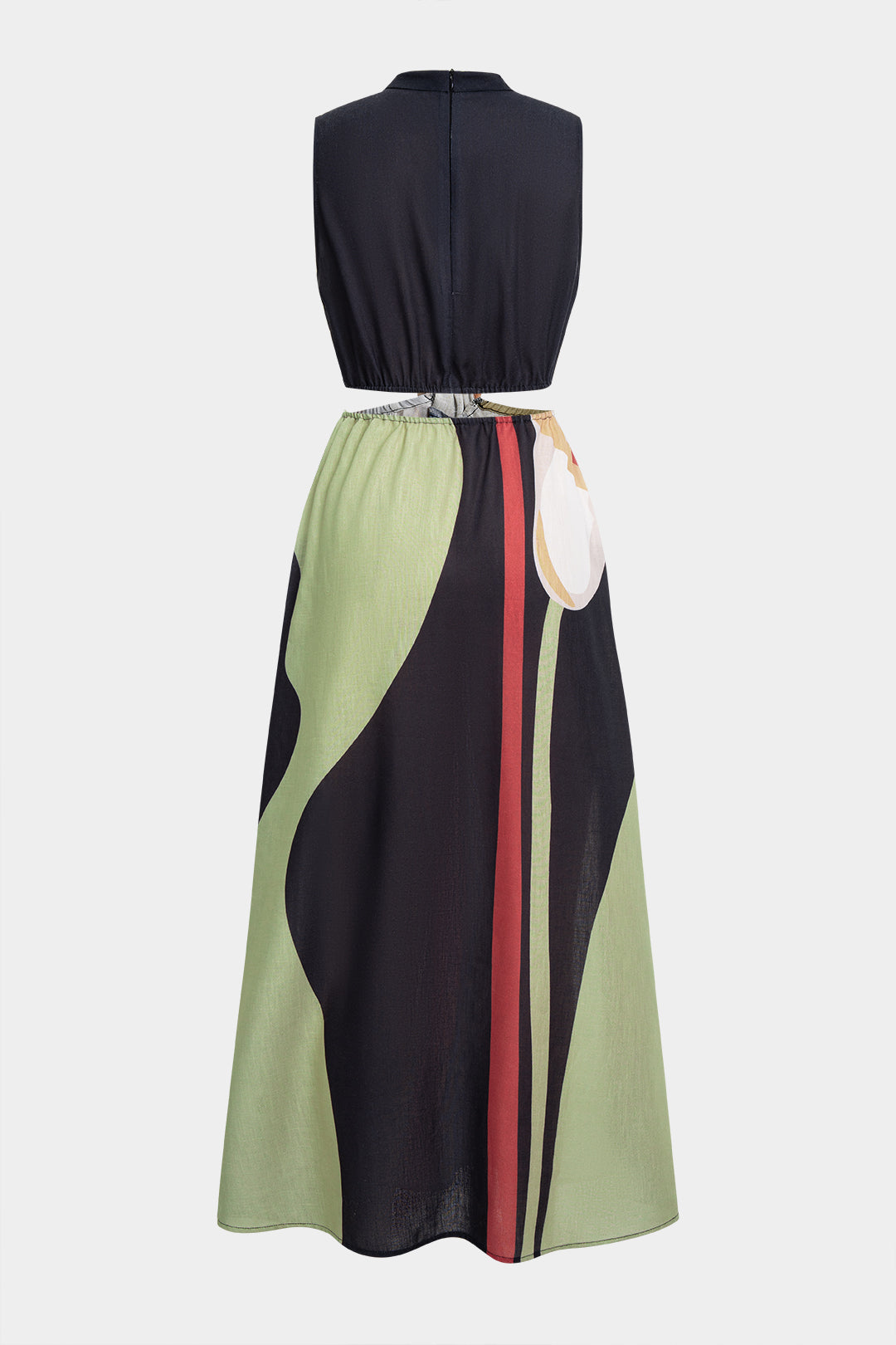 Abstract Floral Print Ruched Cut Out Sleeveless Maxi Dress