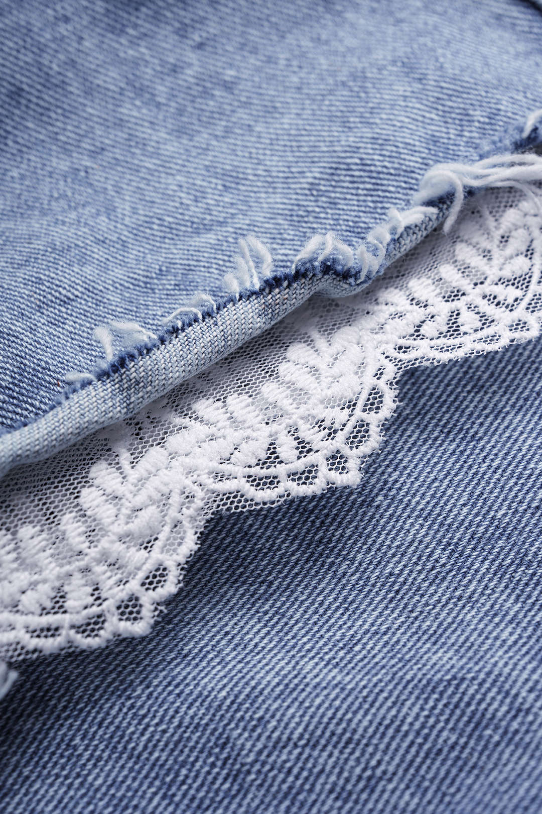 Denim Patchwork Lace Trim High Waist Wide Leg Shorts
