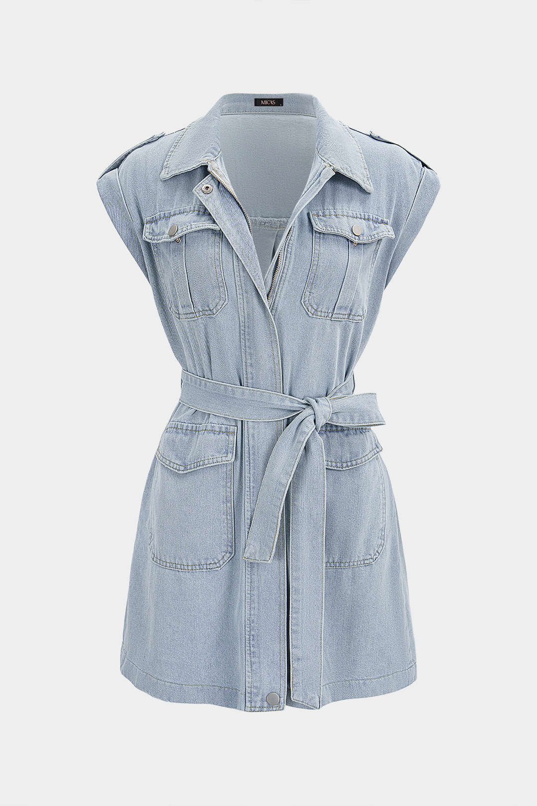 Denim Lapel Belted MIni Dress
