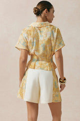 Artistic Print V-Neck Ruched Short Sleeve Top