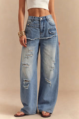 Denim Asymmetrical Frayed Ripped Wide Leg Jeans