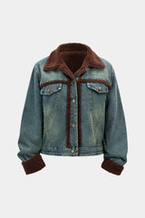 Denim Patchwork Button Fake Pockets Outerwear