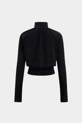 Basic Faux Leather High Collar Wrinkled Long Sleeve T-Shirt