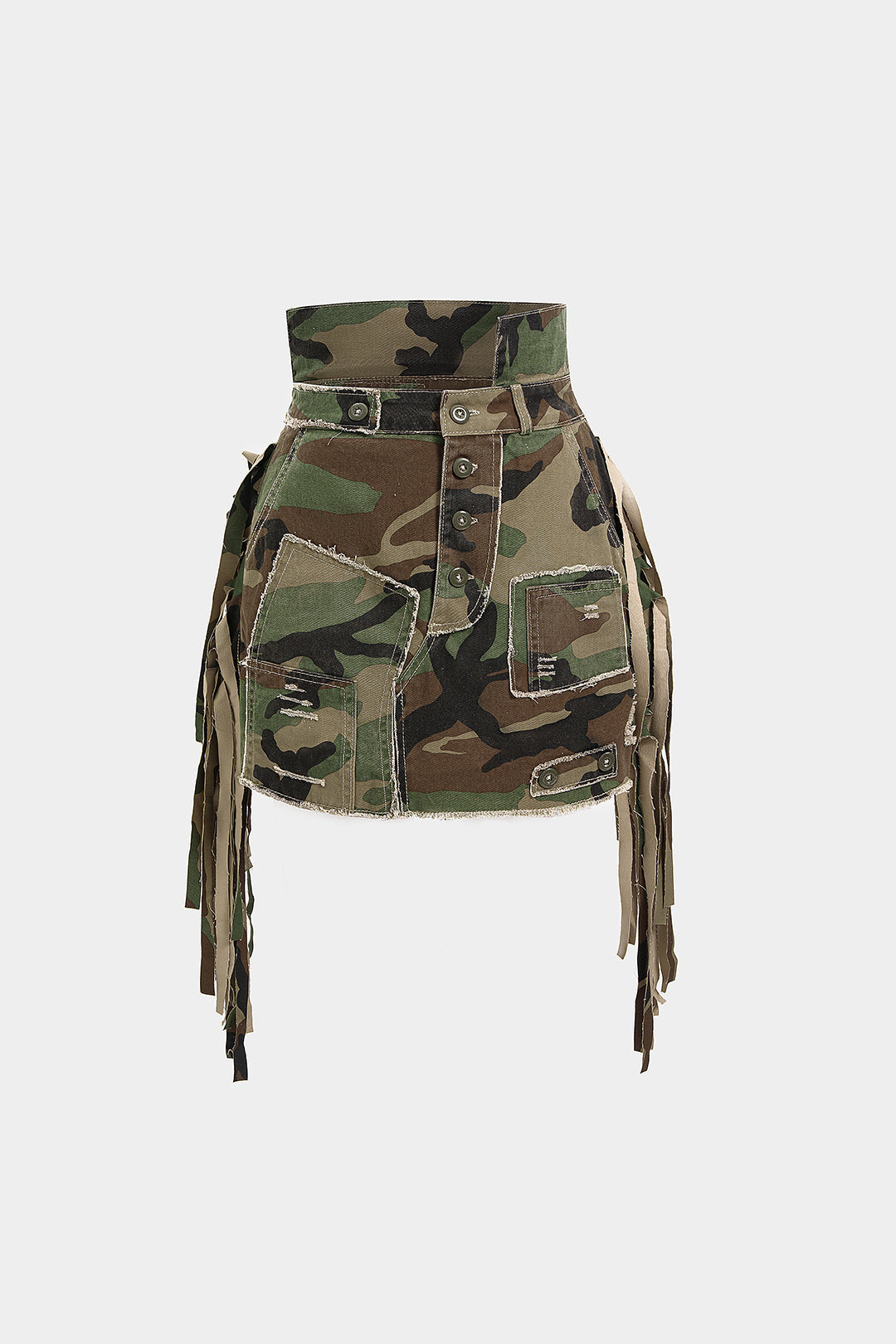 Camo Frayed Patchwork Fringe Mini Skirt