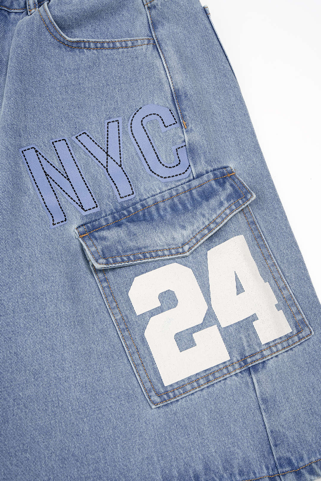 Denim Digital Letter Print Pocket High Waist Shorts