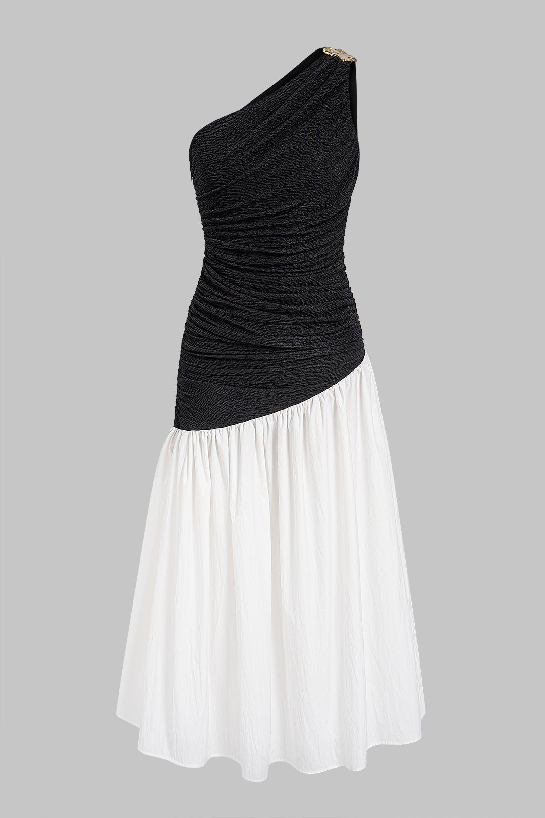Contrast One Shoulder Metallic Ruched Sleeveless Maxi Dress