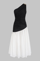 Contrast One Shoulder Metallic Ruched Sleeveless Maxi Dress