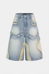Denim Contrast Frayed Button Shorts