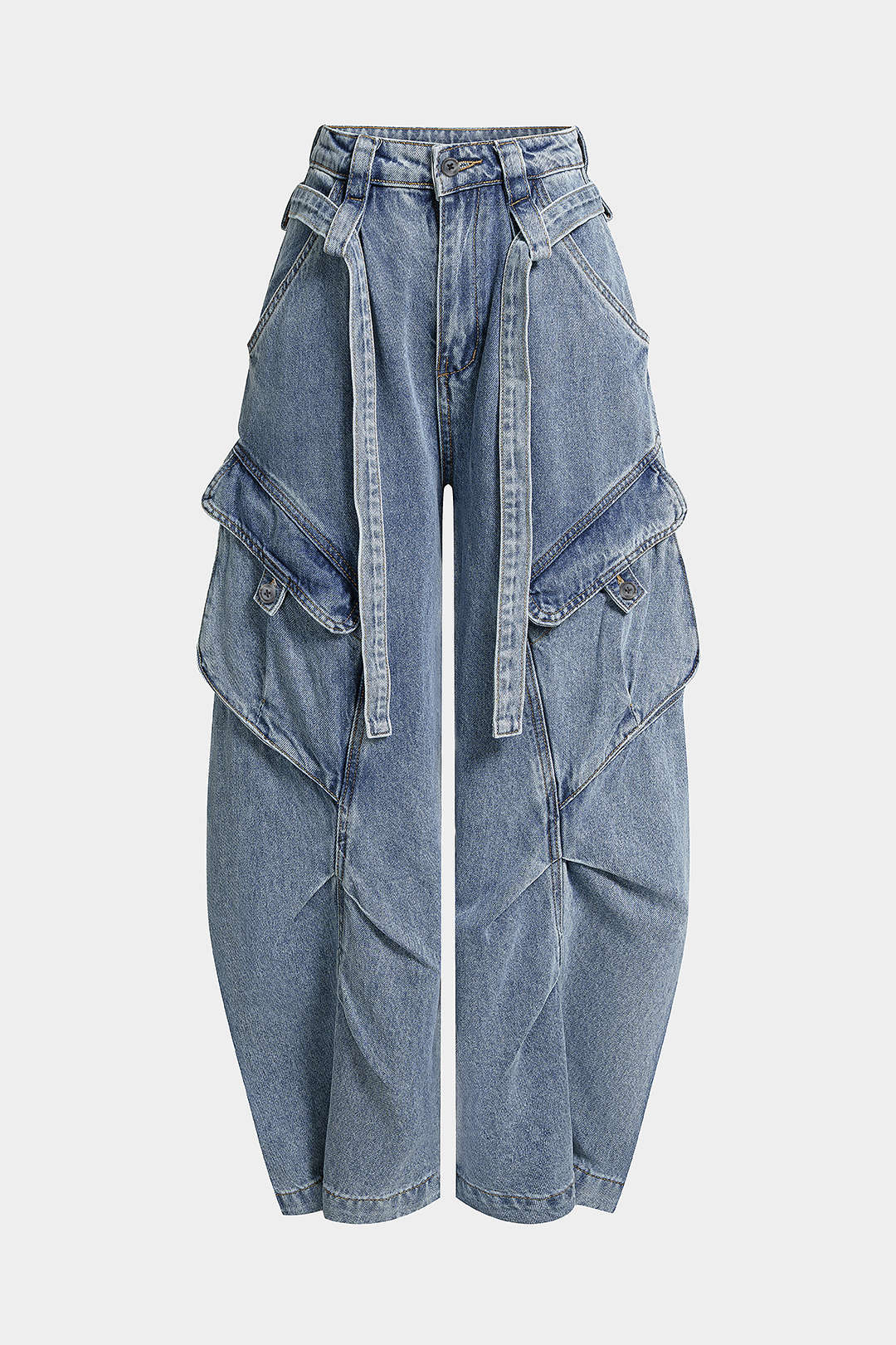 Denim Pocket Belted Wide Leg Jeans