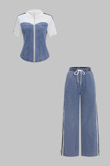 Denim Patchwork Mock Neck Zipper Short Sleeve Top And Drawstring Shirred Waistband Jeans Set