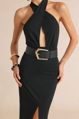 Crossed Halter Neck Belted Cut Out Sleeveless Midi Dress