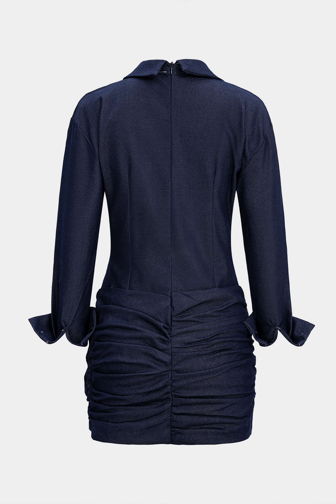 Denim Ruched Asymmetrical Long Sleeve Mini Dress