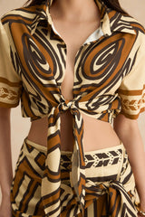 Bohemian Print  Tie Front Short-Sleeve Shirt