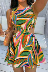 Artistic Print Round Neck Cut Out Sleeveless Mini Dress