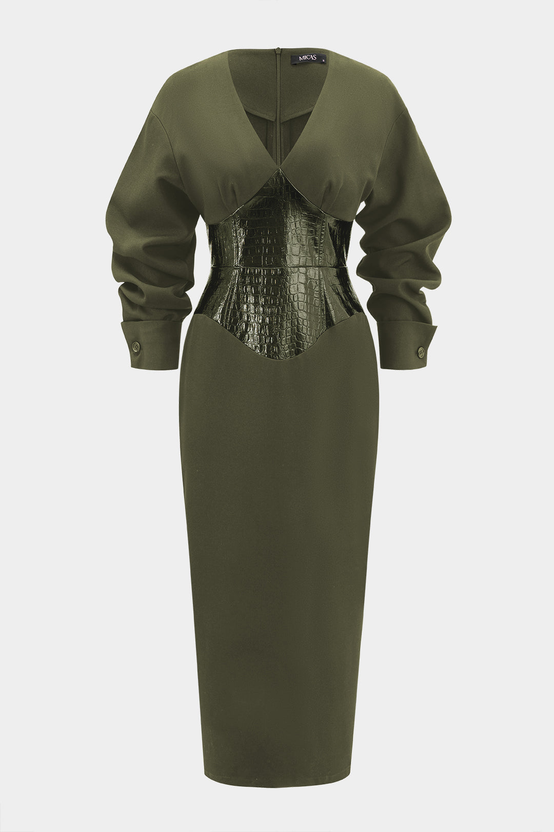 Crocodile Print Faux Leather Patchwork Long Sleeve Maxi Dress