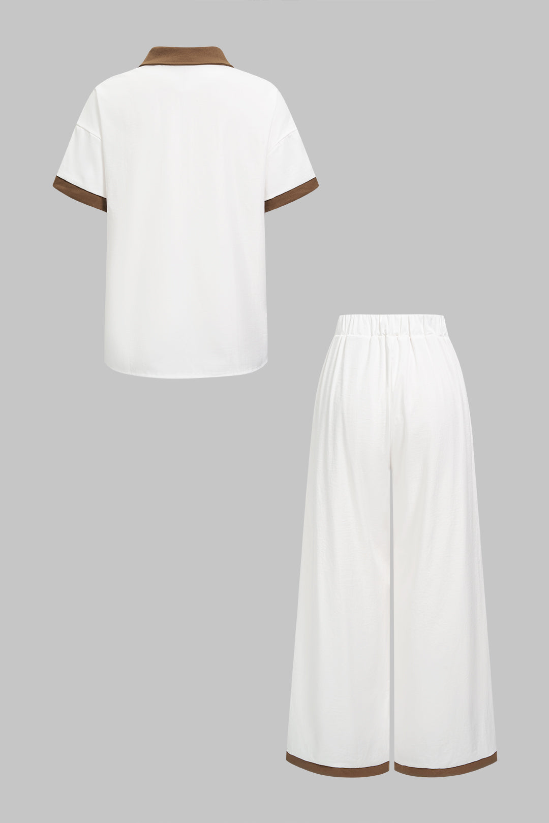 Contrast Trim Lapel Button Short Sleeve Shirt And Wide Leg Pants Set
