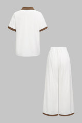 Contrast Trim Lapel Button Short Sleeve Shirt And Wide Leg Pants Set