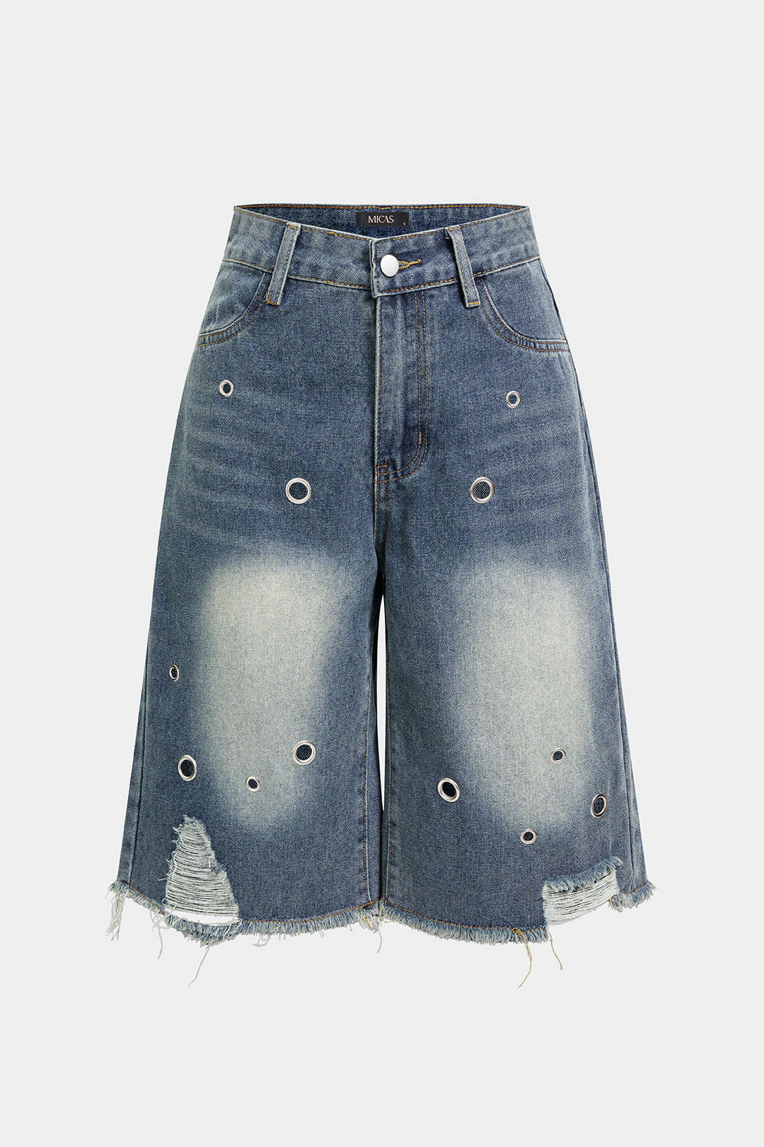 Denim Frayed Eyelet Wide Leg Shorts